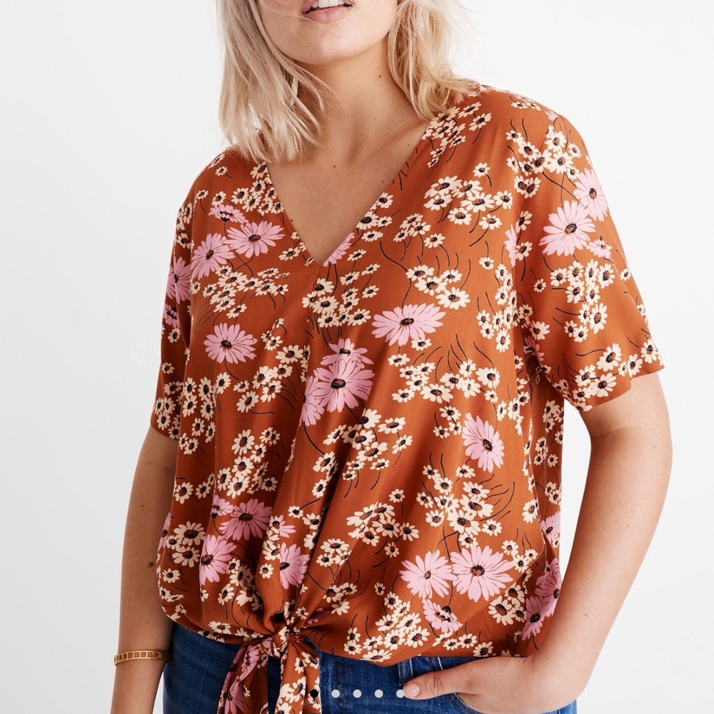 Madewell Novel Tie-Front Top Hillside Daisies Burnt Clay V Neck Short Sleeve-MP